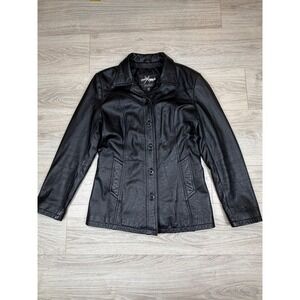 Wilsons Maxima Womens Black Genuine Leather Button Front Blazer Jacket Size M